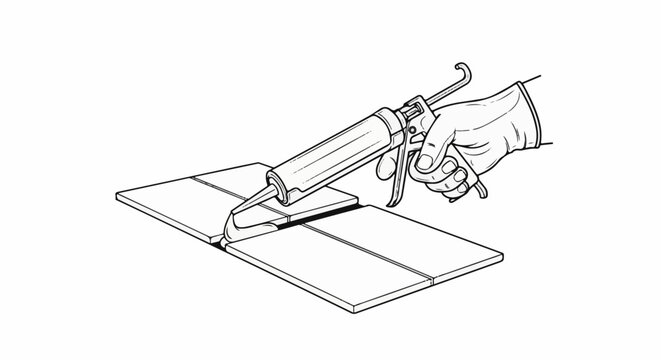 Hand in glove applying sealant with a caulk gun to tile seams