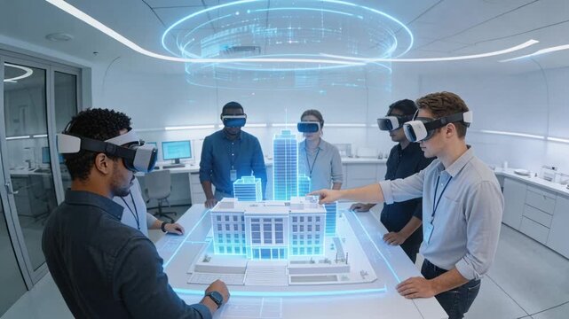 Activating projection six pros in business shirts reviewing 3D model on lab table with VR headsets