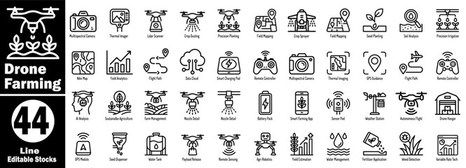 Drone farming line icons for agricultural automation and precision. © Hafiz