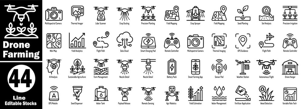 Drone farming line icons for agricultural automation and precision.