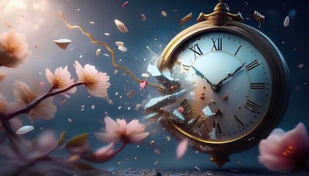 Broken clock struck by lightning with pieces flying off amidst cherry blossoms in a surreal display of chaos