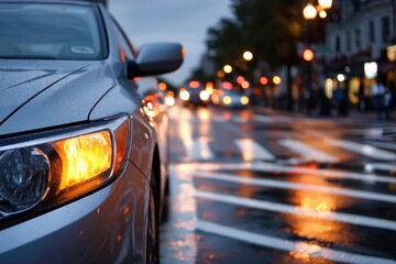 Naklejka premium Urban street scene: waiting vehicle with active left turn signal at intersection