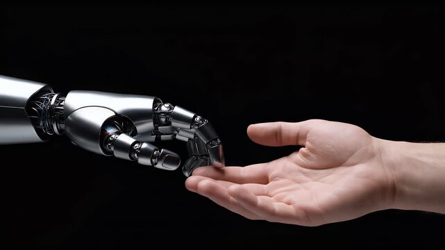 A striking image depicts a human hand reaching towards a robotic hand, symbolizing the intersection of humanity and technology against a stark black background.