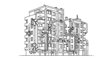 Fototapeta premium Architectural outline of building with pipes vector illustration against white background