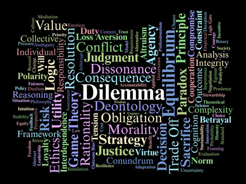 Dilemma Word Cloud. A Comprehensive Mapping of Ethical Paradoxes, Game Theory Strategies, Moral Reasoning, and the Cognitive Challenges of Choosing Between Competing Values.