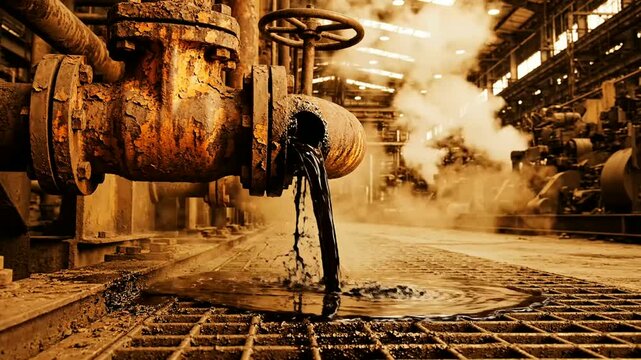 Crude oil flowing from industrial valve in factory or Oil spills from rusty pipe inside industrial plant