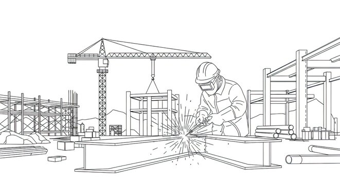 Construction worker welding steel beams on building site outline illustration
