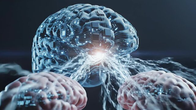 A futuristic depiction showcases a digital brain intertwined with organic brains, symbolizing the convergence of artificial intelligence and human cognition.