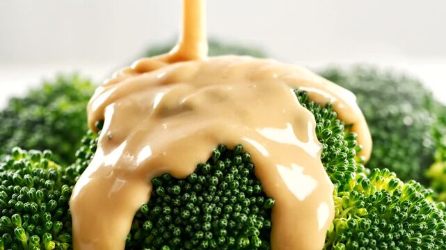 Broccoli florets with savory cheese sauce.