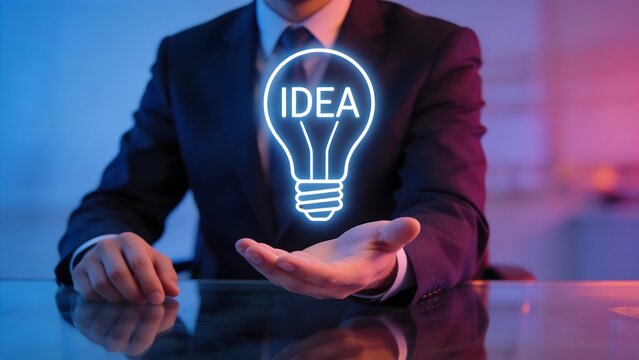 A professional businessman in a dark suit presents a glowing virtual lightbulb with the word "IDEA" above his open hand, symbolizing innovation.