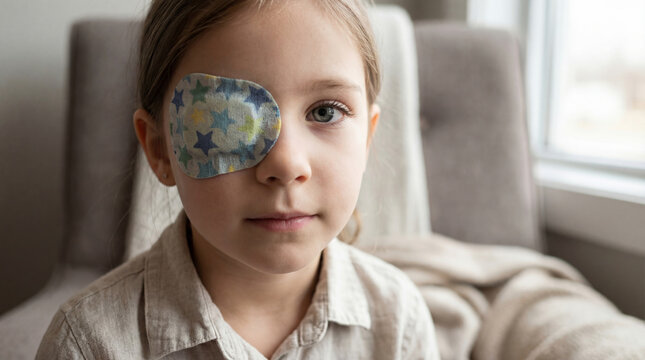 Child girl wearing eye patch for vision correction. Patient treating amblyopia or lazy eye at home. Pediatric ophthalmology concept for eye health awareness and medical recovery process.