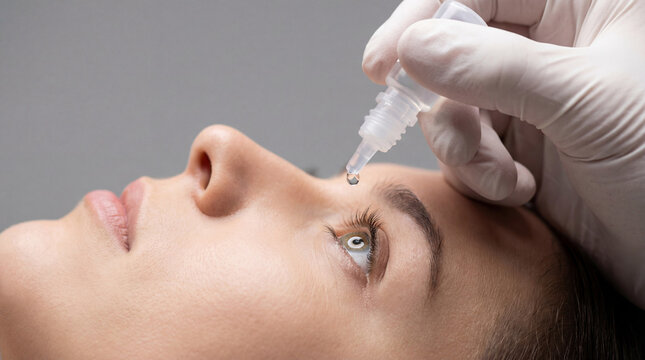 Ophthalmologist applying eye drop to woman patient. Professional medical treatment and vision care checkup. Clinical procedure for eye disease, dry eye syndrome and vision health recovery.