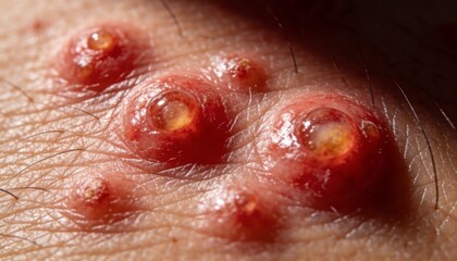 Fototapeta premium A close-up view of a skin condition with multiple red and inflamed lesions