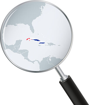 Cuba Map Under Magnifying Glass with National Flag