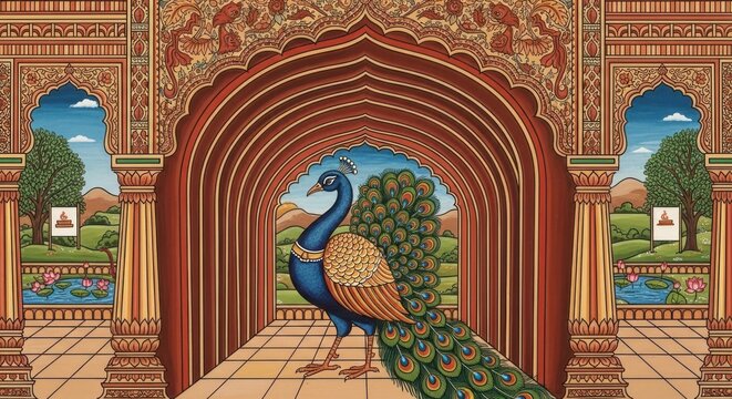 Majestic Peacock in an Ornate Indian Palace Courtyard.