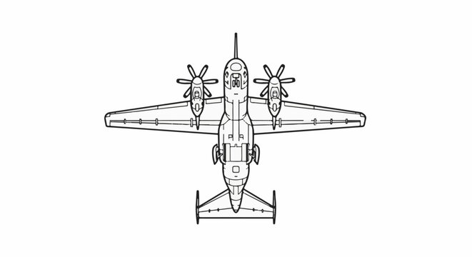 Top-down blueprint illustration of a twin-engine propeller aircraft