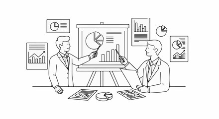 Fototapeta premium Two businessmen in suits presenting financial data charts and graphs
