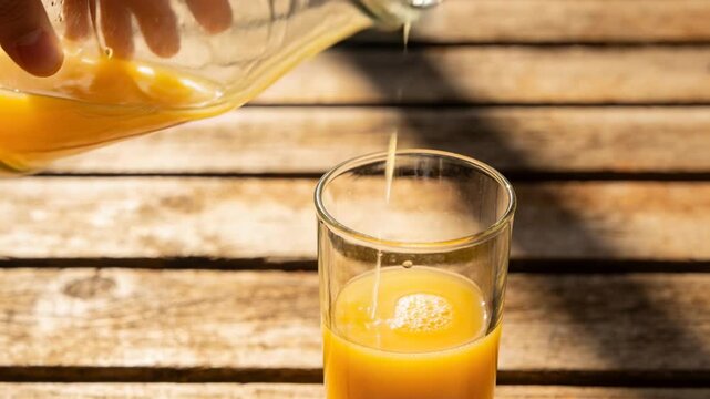 Tilting hand pouring orange juice from clear bottle into glass on slatted table, filling glass