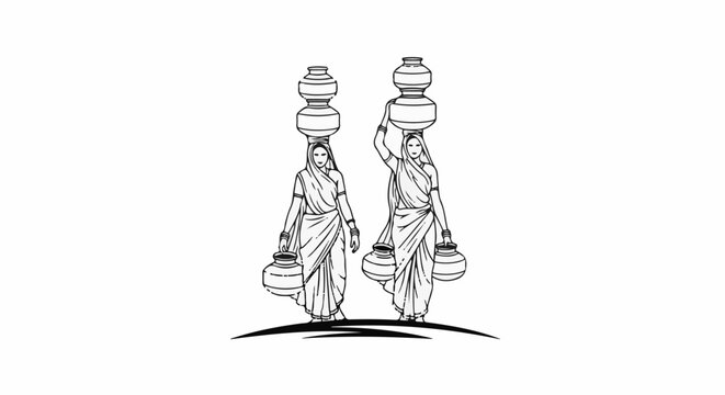 Two women in traditional attire carrying water pots on their heads