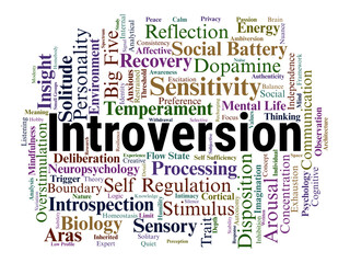 Fototapeta premium Introversion Word Cloud. A Professional Overview of Temperament Traits, Biological Arousal, Sensory Sensitivity, and the Cognitive Dynamics of Internal Energy Recharging.