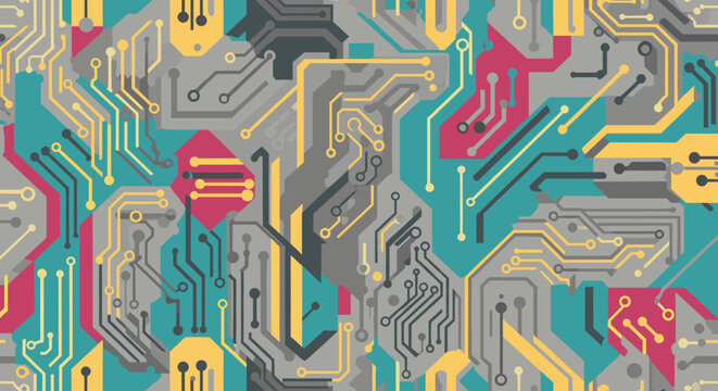 Vibrant and modern circuit board pattern conveys technological advancement, innovation, and connectivity. Ideal for tech backgrounds, website design, 