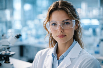 Fototapeta premium Young woman scientist wearing glasses in laboratory environment