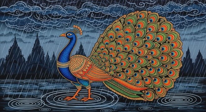 Majestic Peacock Stands Proudly Amidst a Rainy Landscape.