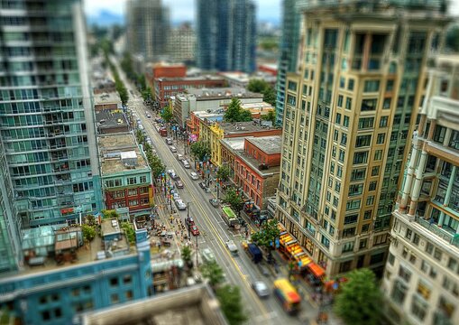 Aerial View of Vancouver Cityscape with Skyscrapers and Street.