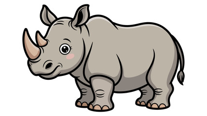 Fototapeta premium A cute smiling cartoon rhinoceros with a light grey body stands.