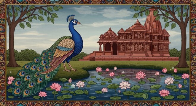 Majestic Peacock Stands Proudly Beside Ancient Temple and Lotus Pond.