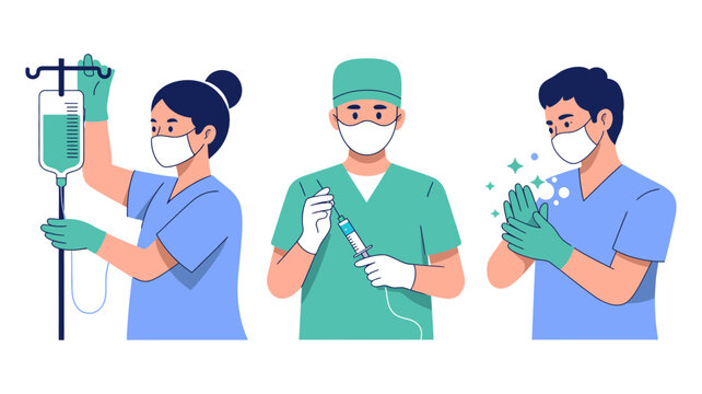 Three dedicated healthcare professionals wear masks and gloves while performing essential medical duties with precision.
