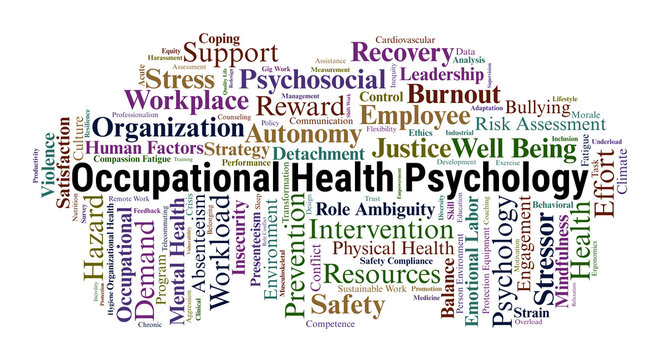 Occupational Health Psychology Word Cloud. Core Concepts of Employee Well Being, Workplace Stressors, Burnout Prevention, and Psychosocial Safety within the Psychology Landscape.