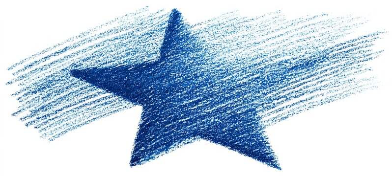 Blue star drawing with crayon effect on white background.