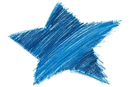Blue star drawing with crayon on white background, simple art.
