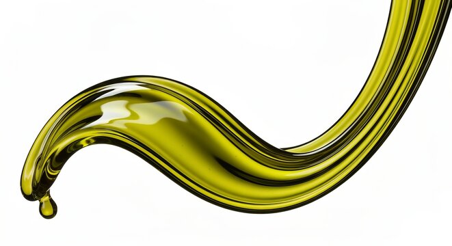 Golden olive oil splash in glossy motion, flowing ribbon effect on a clean white backdrop.