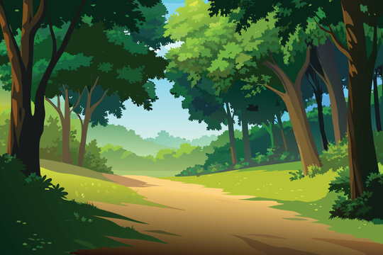 A winding dirt path leads through a lush vibrant forest scene