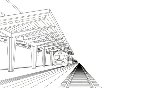 Subway station train perspective line art illustration transportation concept