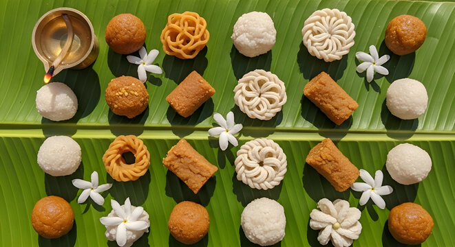 Overhead view of organized assortment of traditional Sri Lankan sweetmeats on a banana leaf for New Year festival