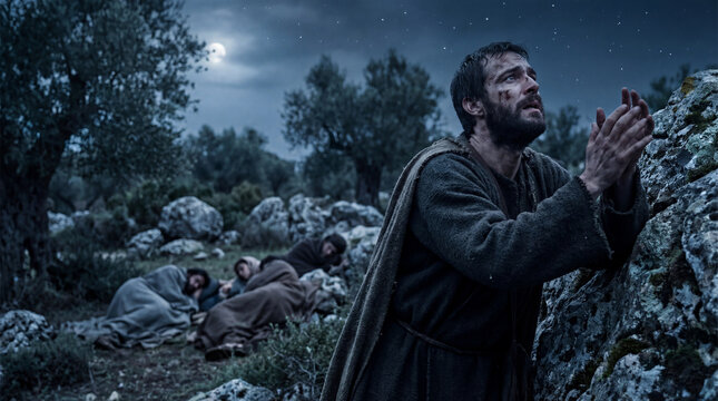 Man praying fervently by a rock at night under a moonlit sky with sleeping figures in the background. Biblical scene in the Garden of Gethsemane