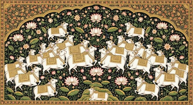 Mughal Miniature Painting Depicting Krishna and Gopis with Cows.