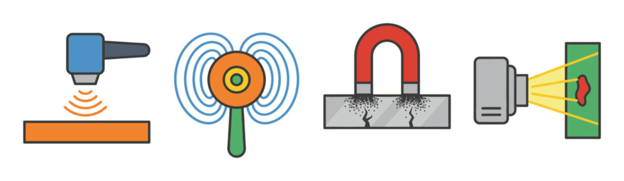 A vector icon set of non-destructive testing methods for engineering quality control. Shows ultrasonic, magnetic, eddy current, and radiographic inspection techniques.