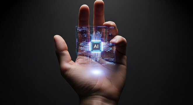 Artificial intelligence chip in palm of hand, futuristic concept of technology and innovation, ai powering future business and finance growth