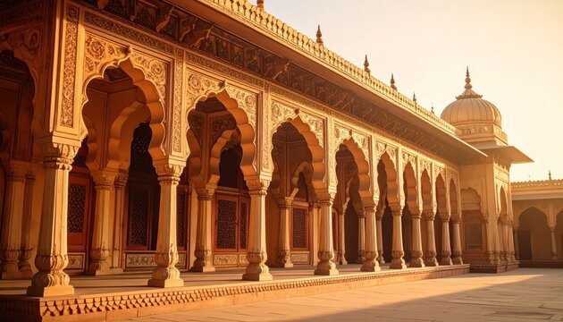 Ornate Arches of an Ancient Indian Palace at Sunrise.