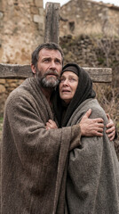 Obraz premium Vertical portrait of a historical couple looking up with dramatic expressions. Man and woman in rustic cloaks standing near a wooden cross in an ancient village