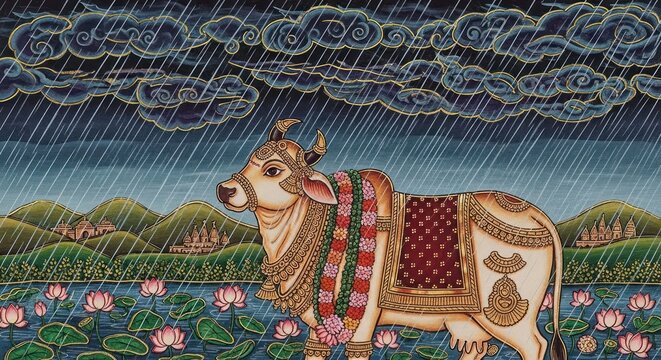 Ornate Cow Standing in a Lotus Pond During a Monsoon Rainstorm.