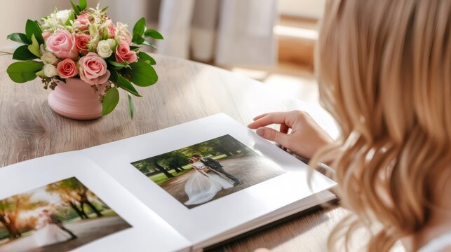 Woman admiring wedding album, reliving cherished memories
