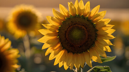 Fototapeta premium Large bright yellow sunflower in sharp focus with blurred background sunflowers in a field.