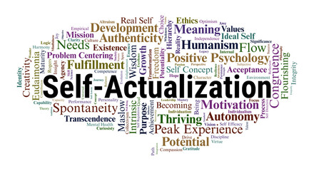 Fototapeta premium Self-Actualization Word Cloud. A Visual Representation of Humanistic Theories, Maslow's Hierarchy, Peak Experiences, and the Pursuit of Meaningful Growth and Personal Congruence.