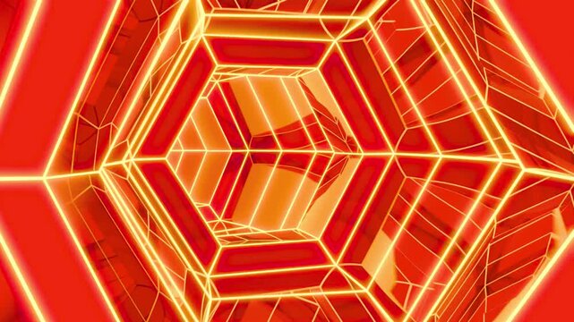 Dynamic glowing red hexagon tunnel perspective motion graphic background.
