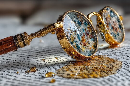 A close-up of antique golden spectacles with water droplets, resting on a vintage book with spilled liquid.